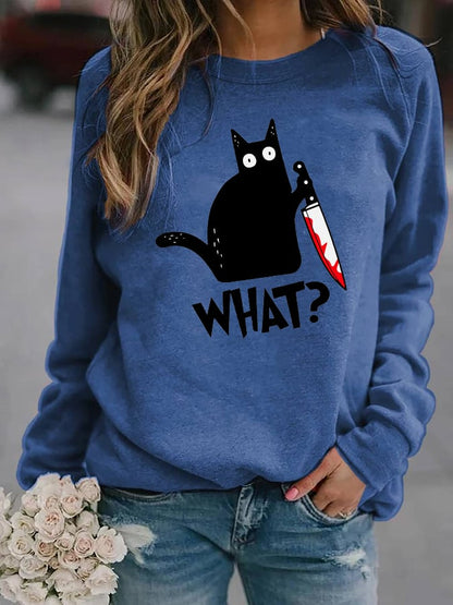 Women's Halloween Black Cat Print Casual Sweatshirt