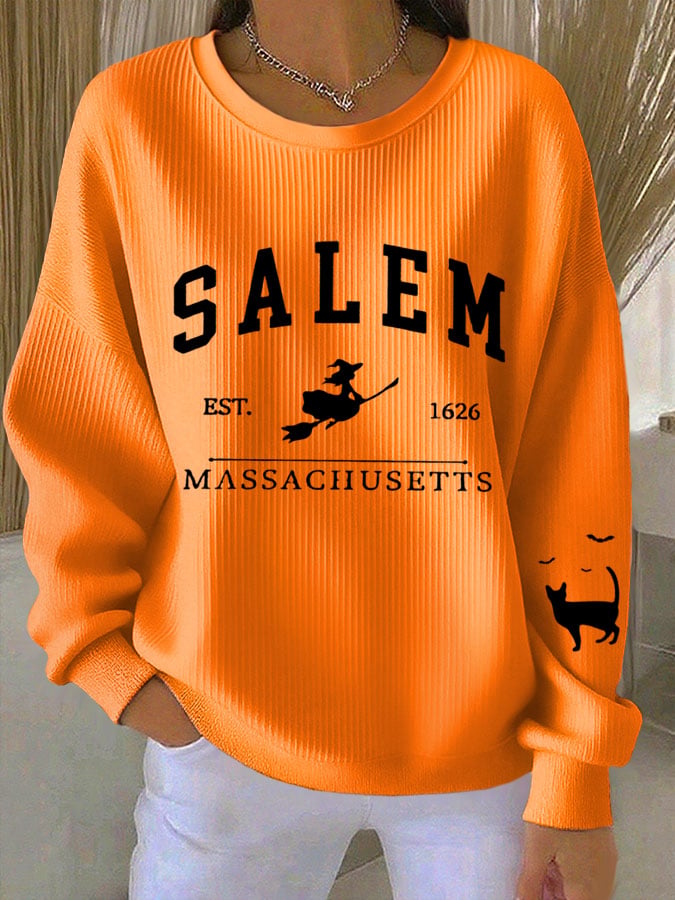 🔥Buy 2 Get 10% Off🔥Women's Halloween SALEM EST. 1626 MASSACHUSETTS Print Crew Neck Long Sleeve Top