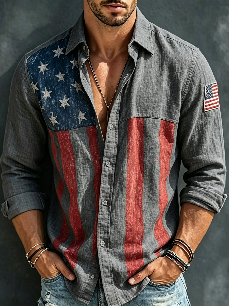 🔥Buy 3 Get 10% Off🔥Men's American Flag Independence Day Print Long Sleeve Shirt