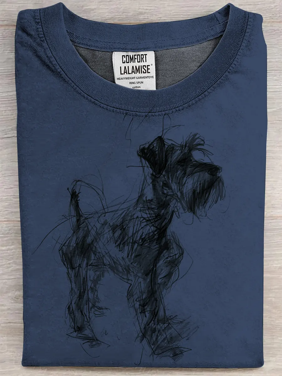 Retro Schnauzer Abstract Art Print Casual Pure Cotton Short Sleeved T-shirt