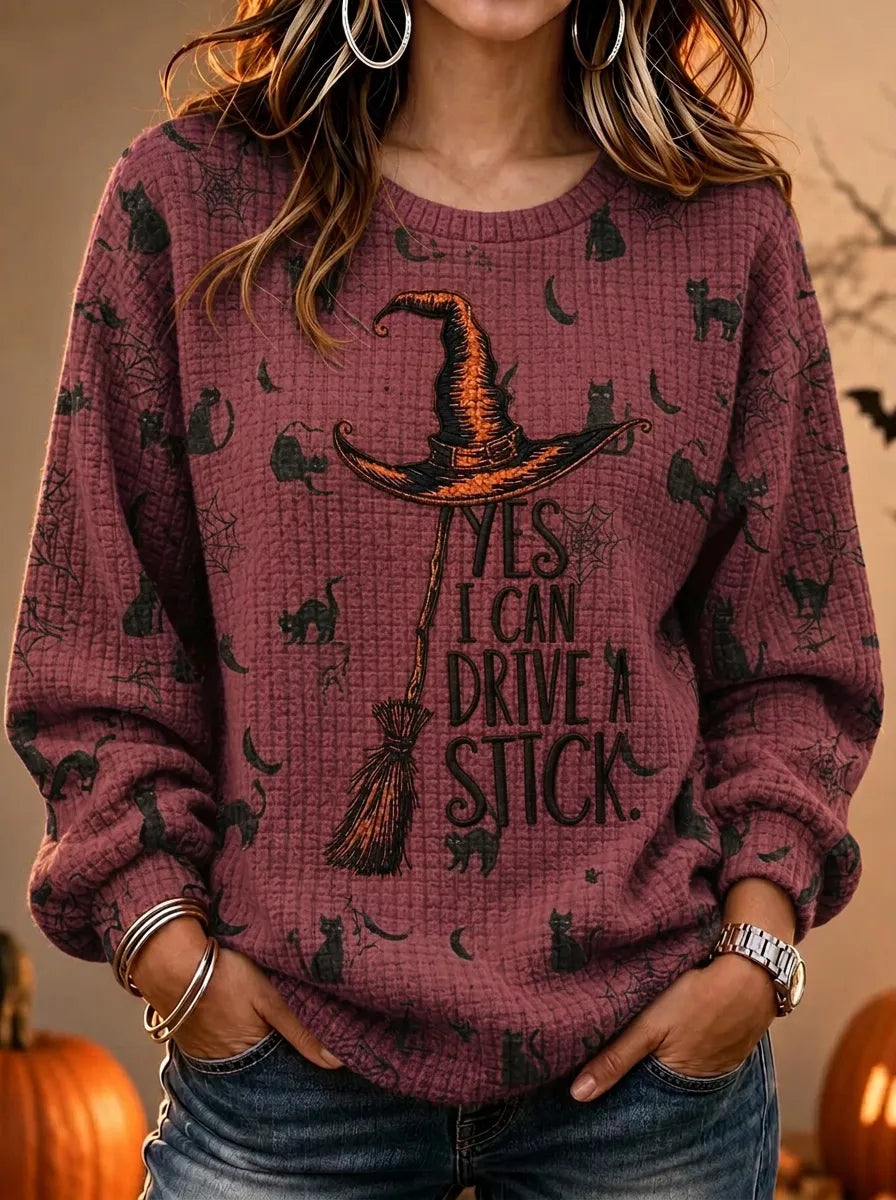Women's Halloween Witch Broomstick Printed Waffle Knit Sweatshirt