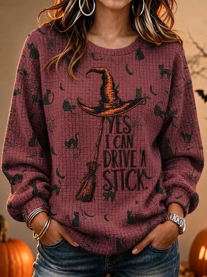 Women's Halloween Witch Broomstick Printed Waffle Knit Sweatshirt