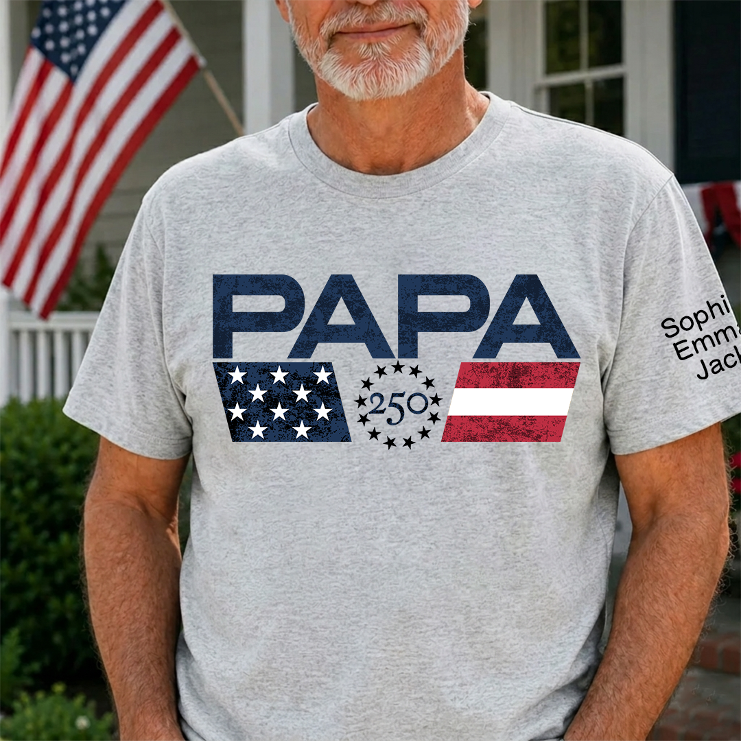 Personalized Papa 250 Years Of Freedom Shirt With Kids Names Sleeve, Patriotic Grandpa Family, U.S. 250th Anniversary 1776 2026 Gift For Fathers Day Birthday
