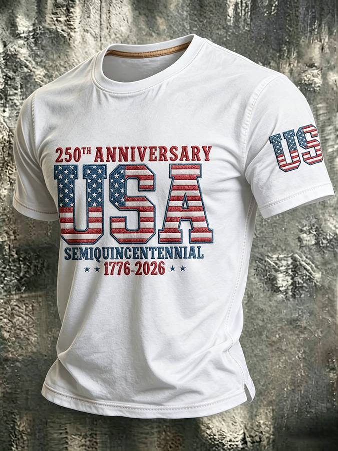 Men'S Casual American 250Th Anniversary Embroidered Print Round Neck T-Shirt