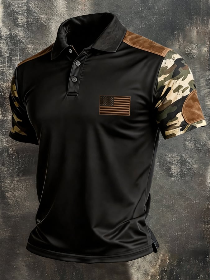 Men's Retro Patriotic Color-Block Short-Sleeve Polo Shirt