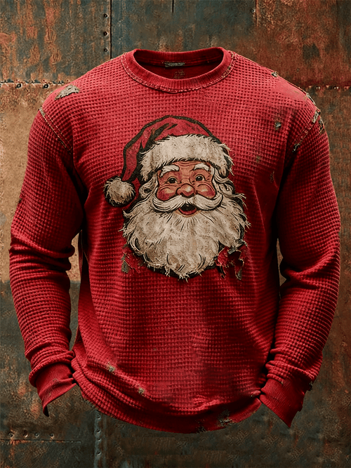 Men's Santa Claus Printed Design Waffle Fabric Long Sleeve T-Shirt