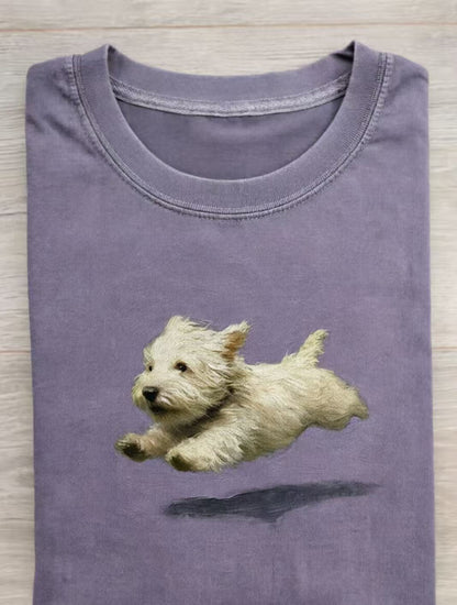 Funny retro Cute Running Dog Art Print Casual Cotton Short Sleeve T-shirt