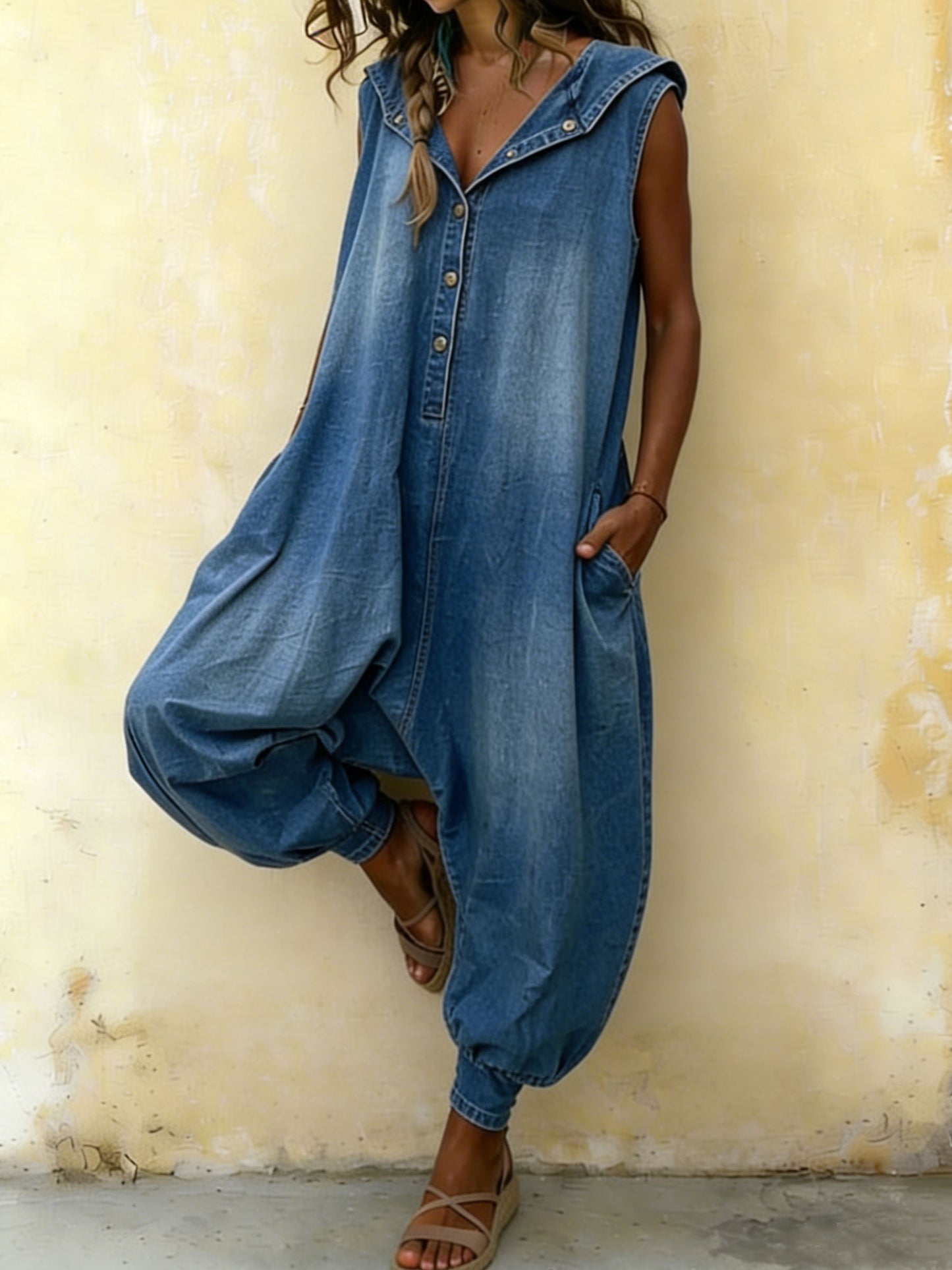 Women’s Casual Loose Denim Hoodie Jumpsuit