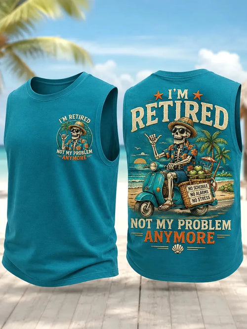 Men's Funny I'm Retired Not My Problem Anymore Skeleton Print Casual Tank Top