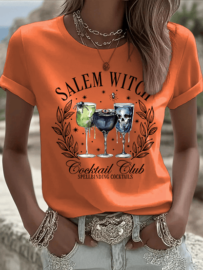 🔥HOT SALE🔥Women's Halloween Salem Witch Cocktail Club Spellbinding Cocktails Print Crew Neck T-Shirt