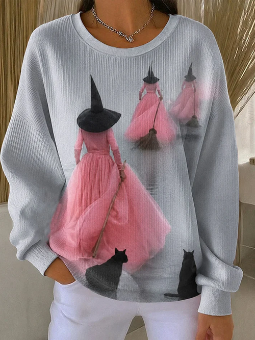 Women'S Halloween Witch Black Cat Ribbed Round-Neck Sweatshirt