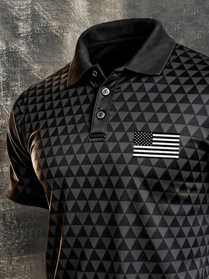 Men's Retro Patriotic Color-Block Short-Sleeve Polo Shirt