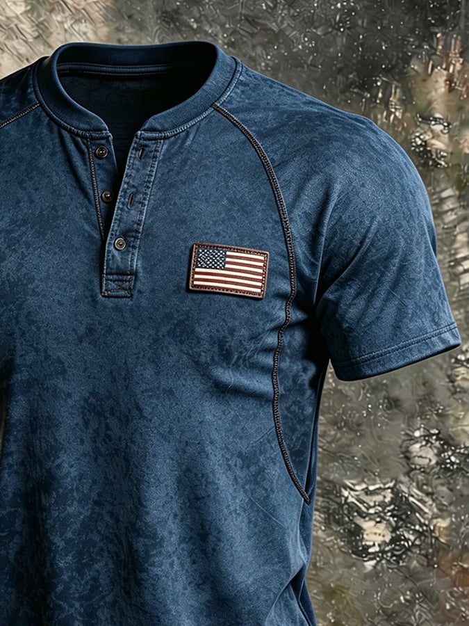 Men's Retro-Print Henley T-Shirt — Slim-Fit, Raglan-Sleeve, American-Style Casual Top with U.S. Flag Patch