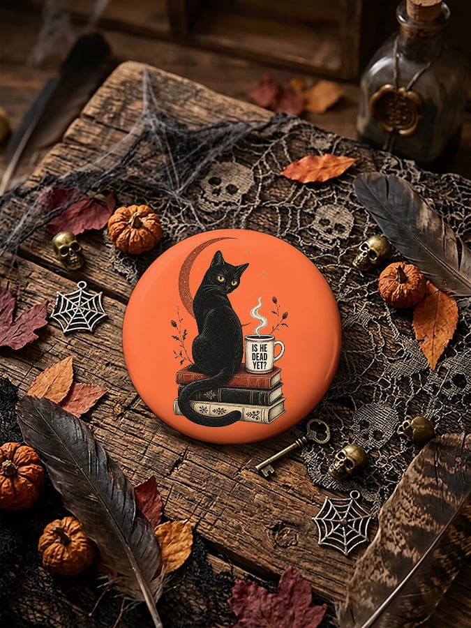 Unisex Retro Halloween Is He Dead Yet Black Cat Pin-Back Button
