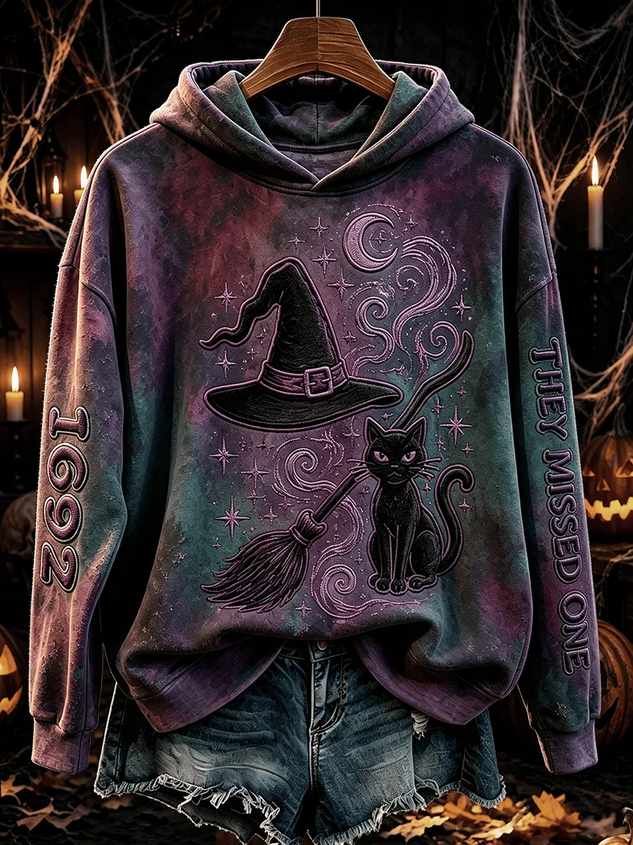 Women's Retro 1692 They Missed One Witch Hat & Cat Printed Hoodie