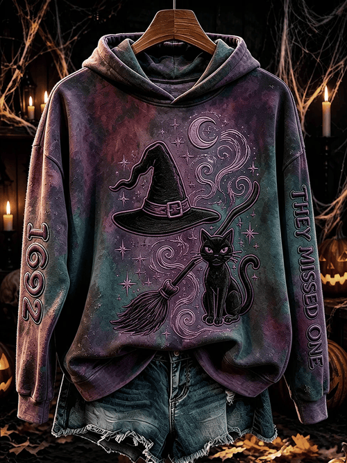Women's Retro 1692 They Missed One Witch Hat & Cat Printed Hoodie