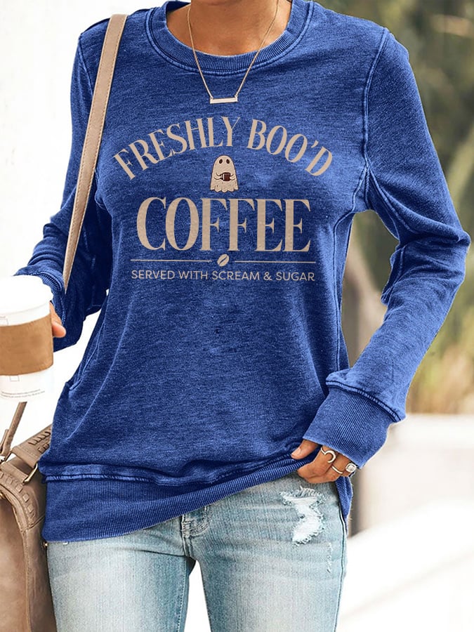 🔥HOT SALE🔥Retro Halloween Ghost Freshly Boo'd Coffee Served With Scream & Sugar Print Sweatshirt