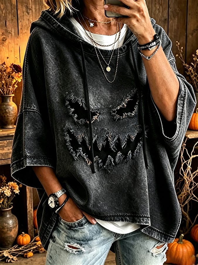 Women's Halloween Scary Pumpkin Face Art Print Hooded Sweatshirt