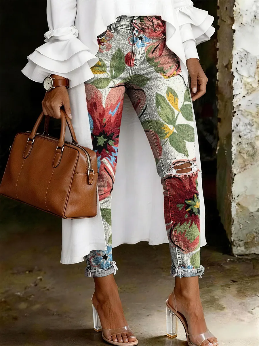 Women's Fashion Casual Multicolor Flowers Art Print Ripped Skinny Jeans