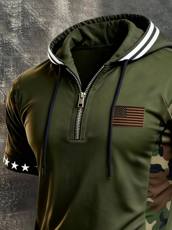 Men's Retro Patriotic Color-Block Short-Sleeve Hoodie T-Shirt