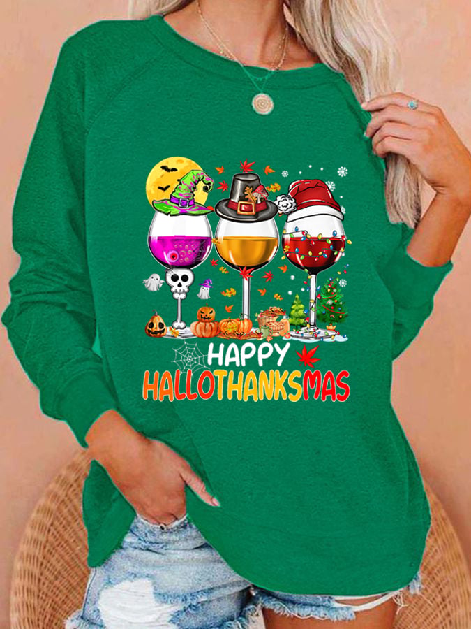 Women's Happy Hallothanksmas Wine Print Sweatshirt