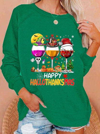 Women's Happy Hallothanksmas Wine Print Sweatshirt