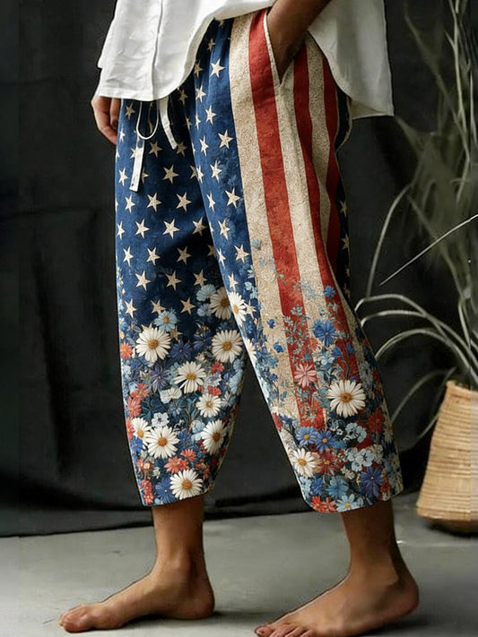 Women's Retro Artistic American Flag Cotton-Linen Cropped Pants