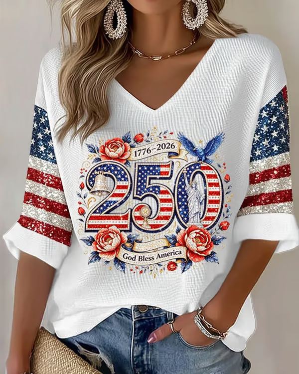250th Anniversary Rose Eagle Print V-neck Half Sleeved Loose Top