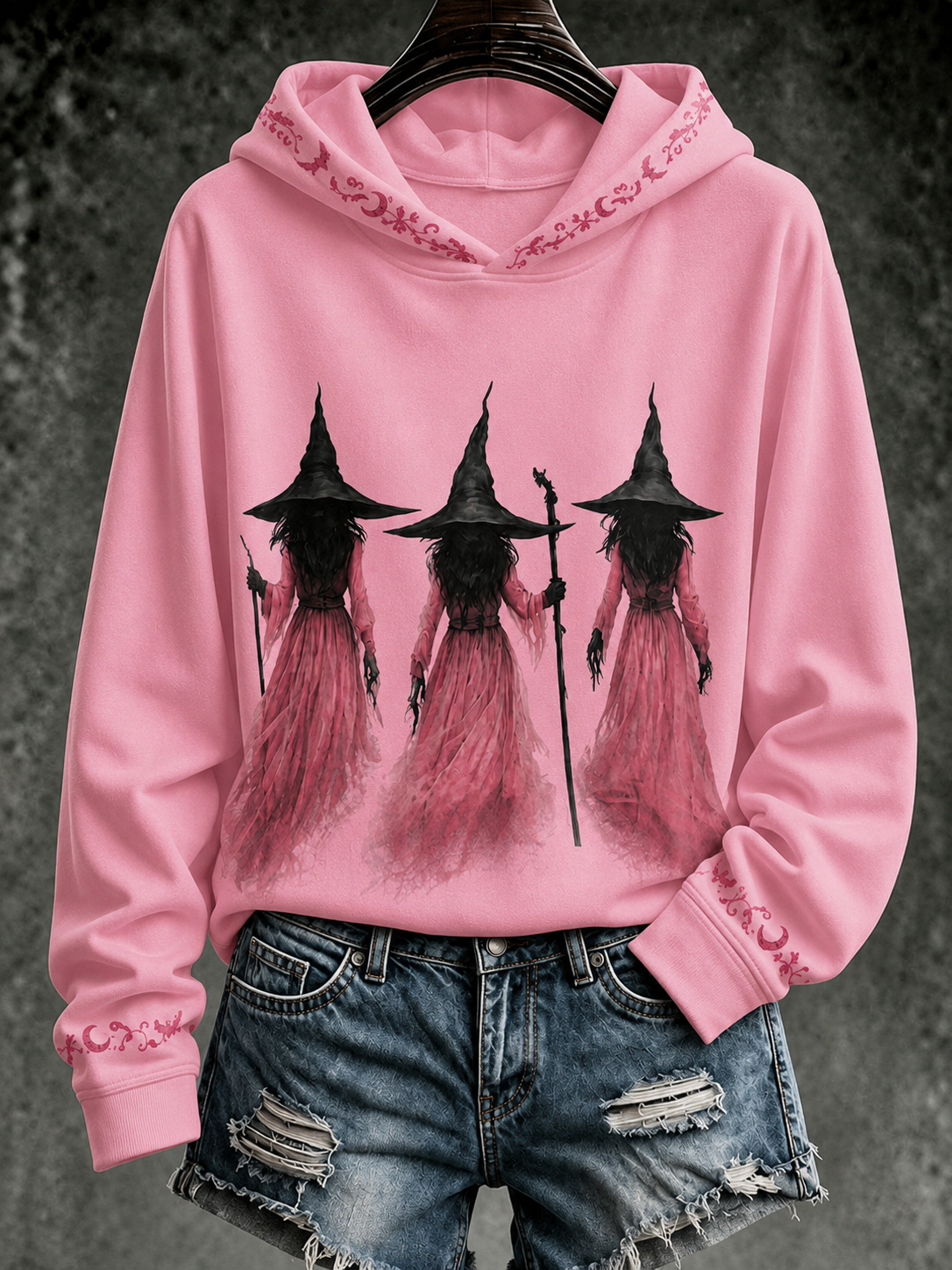 Women'S Halloween Witch Breast Health Awareness Printed Hoodie