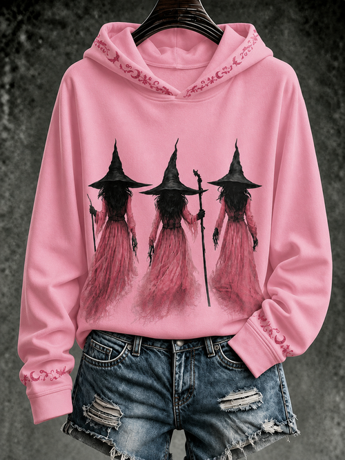 Women'S Halloween Witch Breast Health Awareness Printed Hoodie