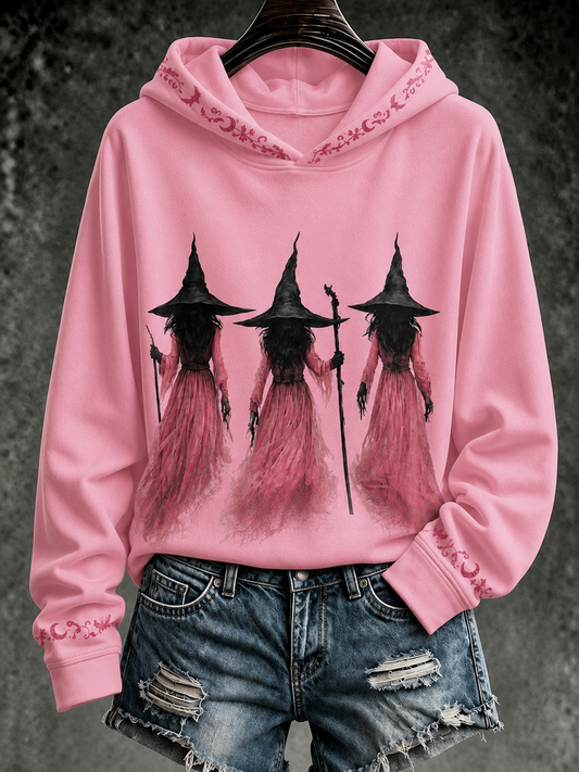 Women'S Halloween Witch Breast Health Awareness Printed Hoodie