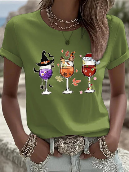🔥HOT SALE🔥Women's Halloween Wine Glass Print Casual T-shirt