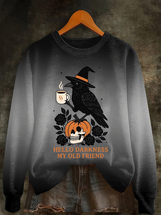 Women's Halloween HELLO DARKNESS MY OLD FRIEND Print Crew Neck Sweatshirt