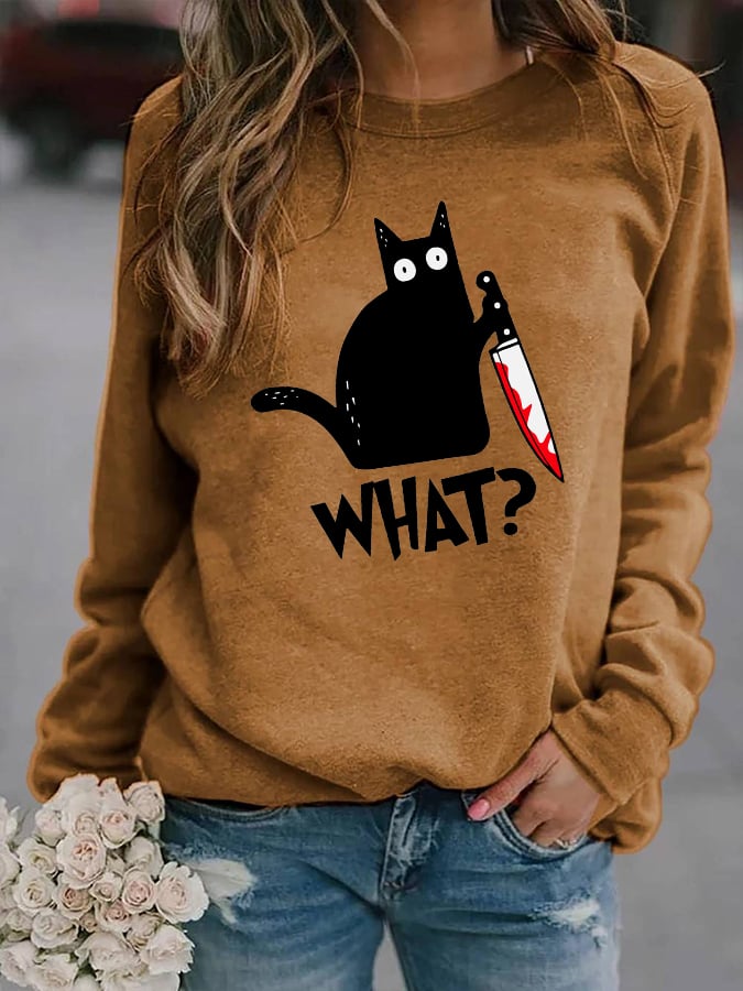 Women's Halloween Black Cat Print Casual Sweatshirt