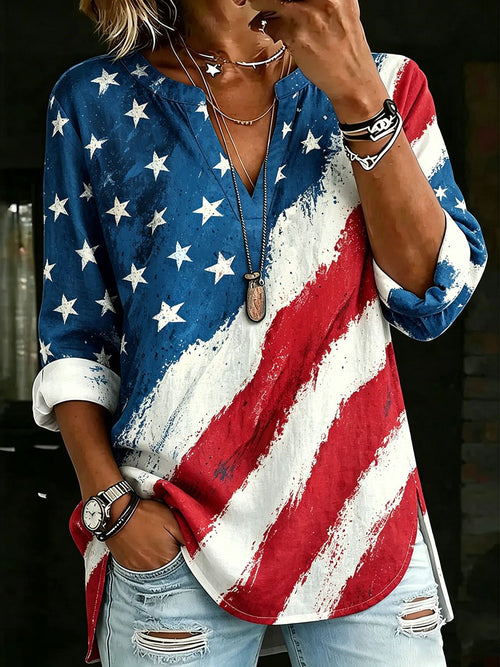 Women's Retro-Art American Flag Crewneck Top with V-Notch