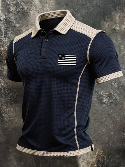Men's Retro Knitted Polo Shirt with 3D Square Patchwork