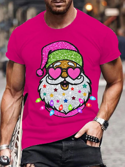 Men's Casual Shiny Santa Print T-Shirt