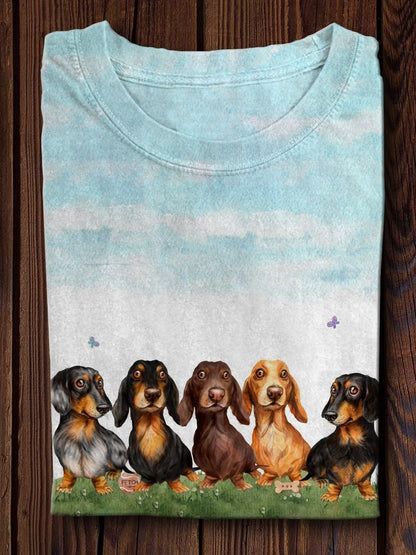 Vintage Dachshund Dog Art Print Casual Short Sleeve T-shirt