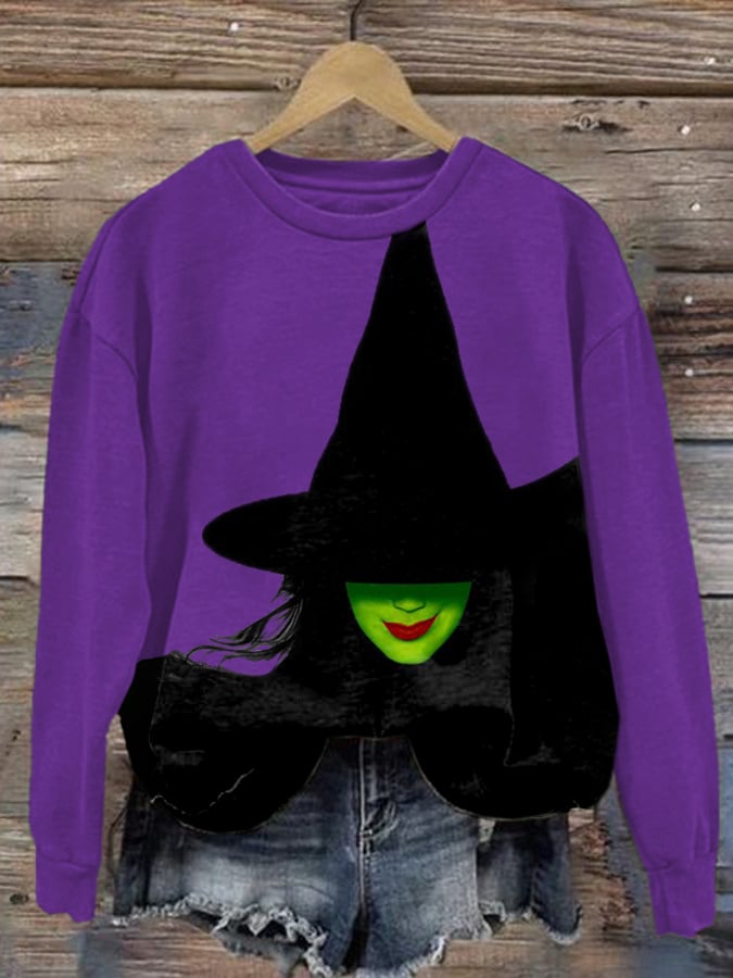 Halloween Witch Print Round Neck Sweatshirt