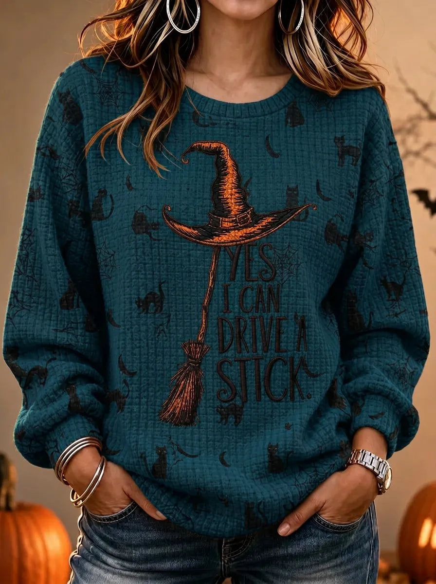 Women's Halloween Witch Broomstick Printed Waffle Knit Sweatshirt