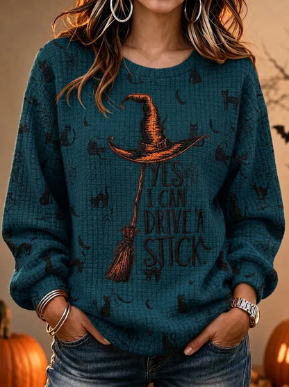Women's Halloween Witch Broomstick Printed Waffle Knit Sweatshirt