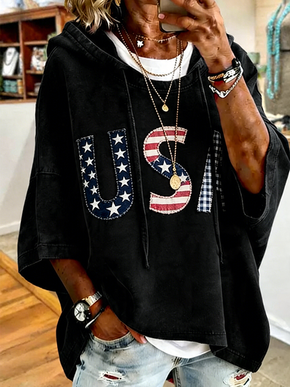 Patriotic Red USA Star Stripe Applique Oversized Hoodie