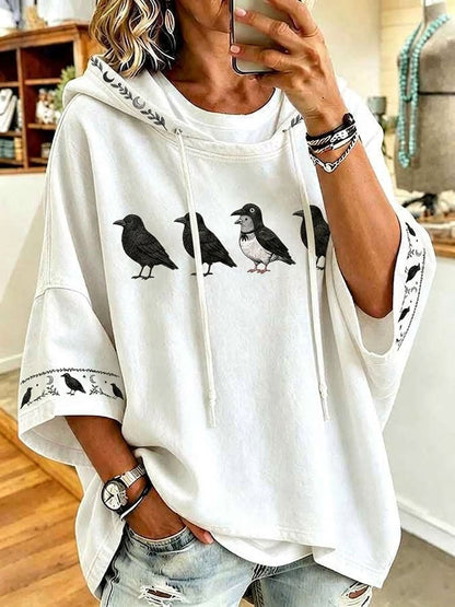 Women's Halloween Crow Print Hooded Sweatshirt