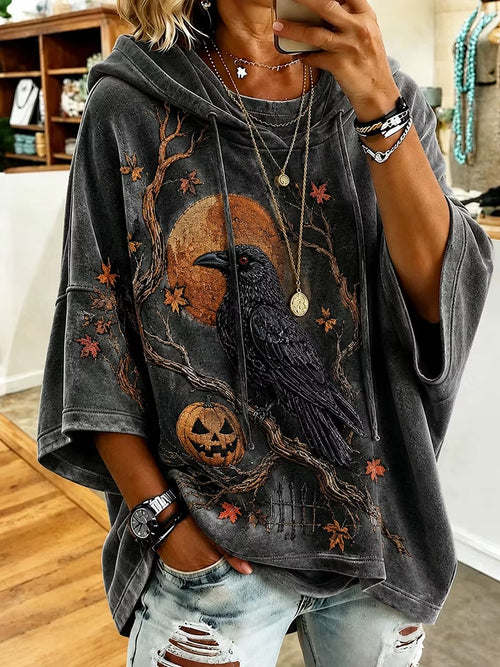Women's Retro Halloween Crow Art Print Casual Hoodie