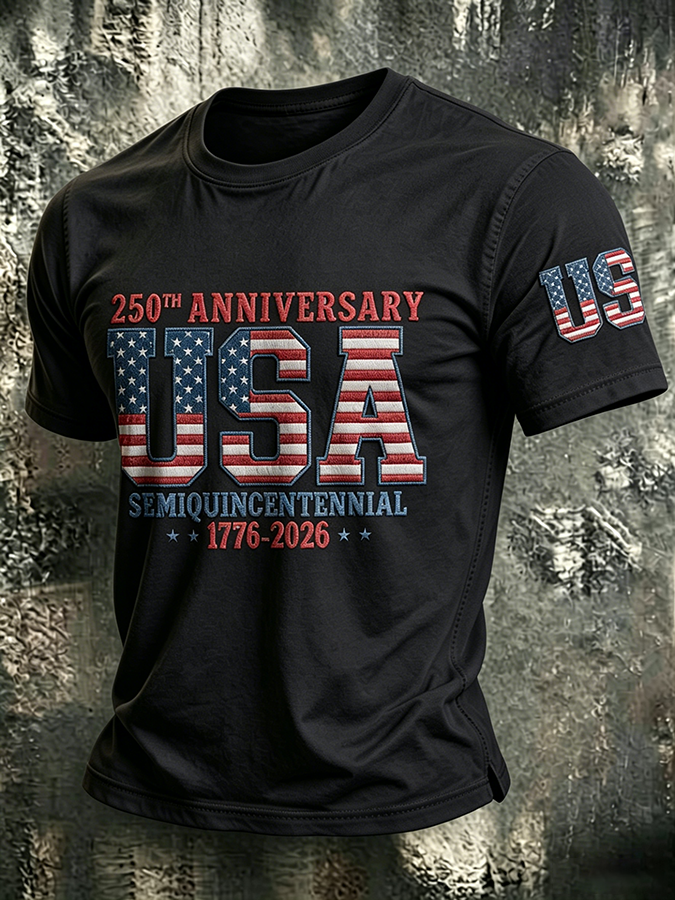 Men'S Casual American 250Th Anniversary Embroidered Print Round Neck T-Shirt