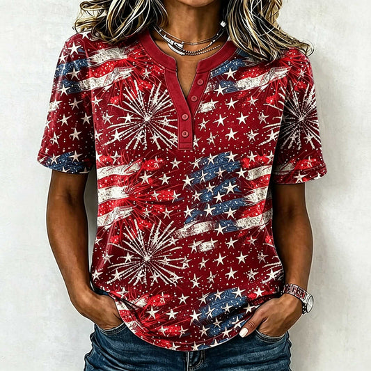 Female Leisure Patriotic Fireworks Flag Button T-Shirt