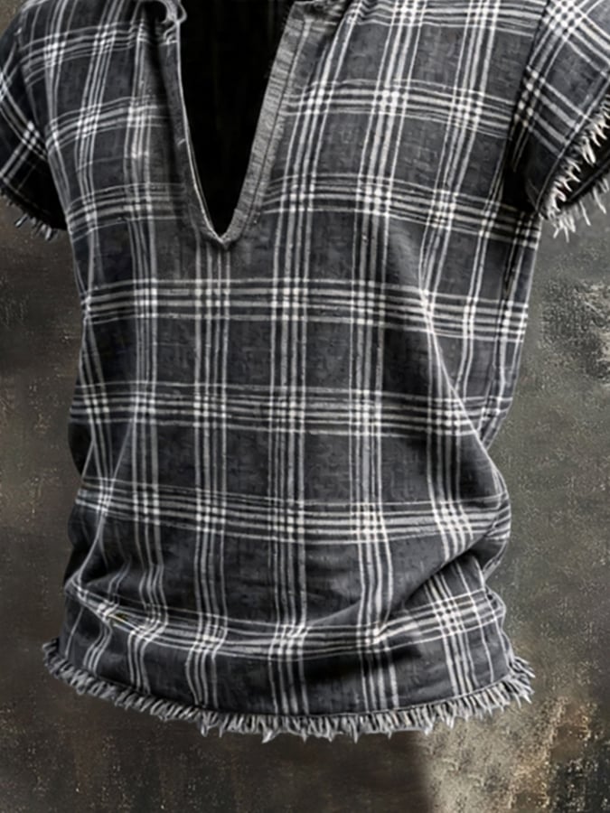 Men'S Retro Plaid, Color-Block, Frayed-Hem, Cotton-Linen, Hooded Short-Sleeve T-Shirt