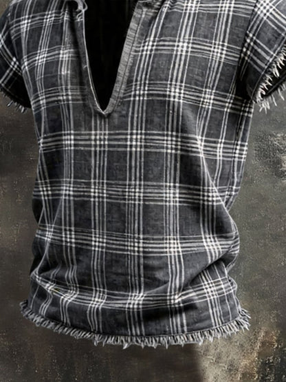Men'S Retro Plaid, Color-Block, Frayed-Hem, Cotton-Linen, Hooded Short-Sleeve T-Shirt