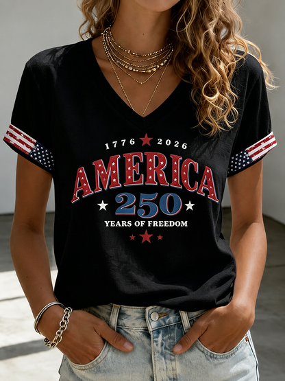 🔥Buy 3 Get 10% Off🔥Women's Casual American 250 Celebration Printed V-Neck T-Shirt