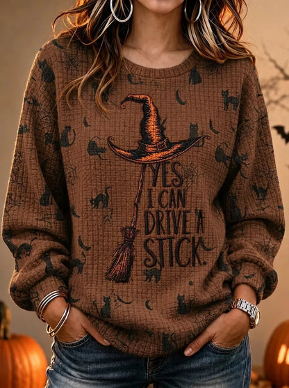 Women's Halloween Witch Broomstick Printed Waffle Knit Sweatshirt